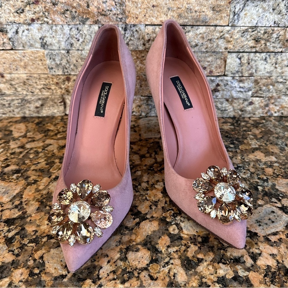 DOLCE & GABBANA Shoes Pink Leather Crystal Heels Pumps Heels - Picture 5 of 14
